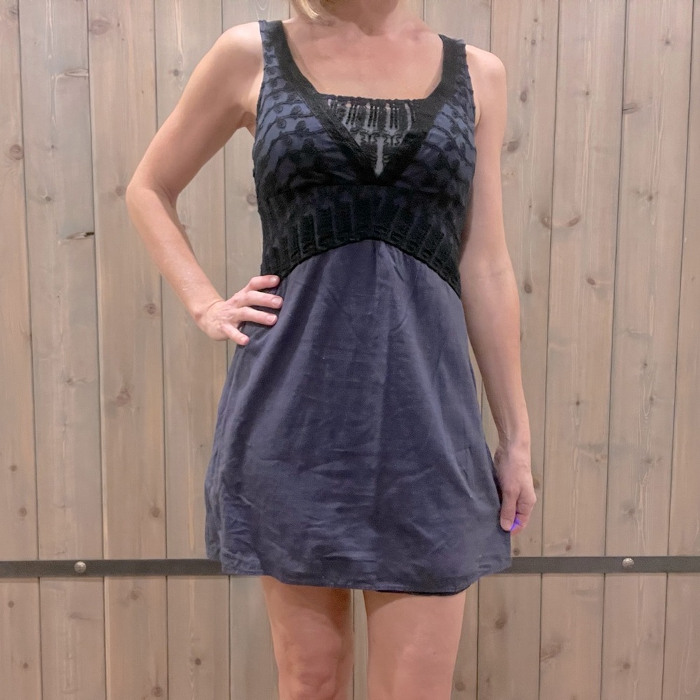 Free People Navy Blue Cotton Mini Dress With Black Lace Detail, Sz 6